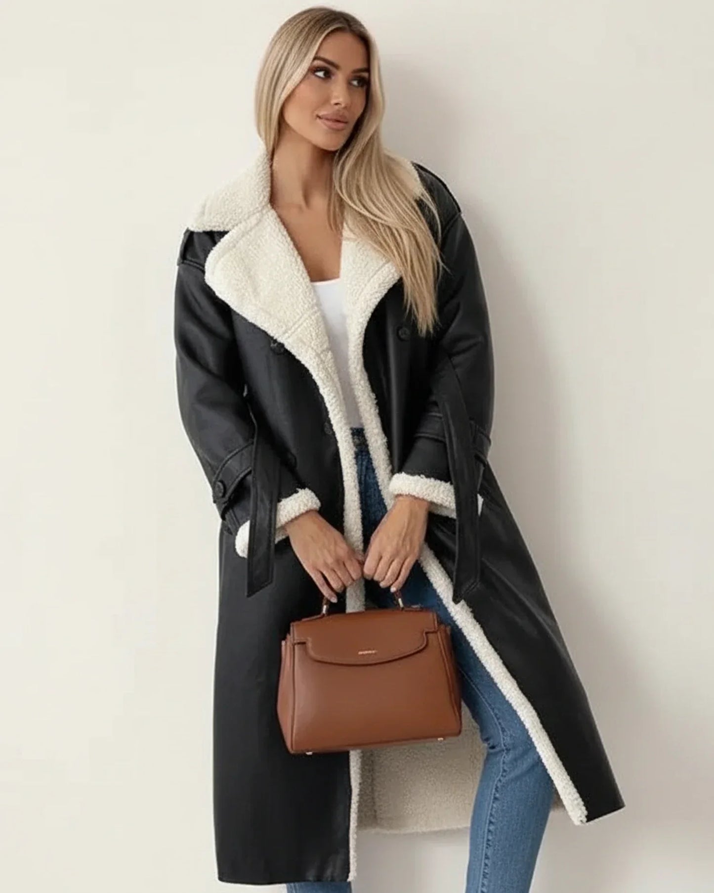 Street Wave Women Sherpa Long Winter Coat With Cozy Belted Silhouette