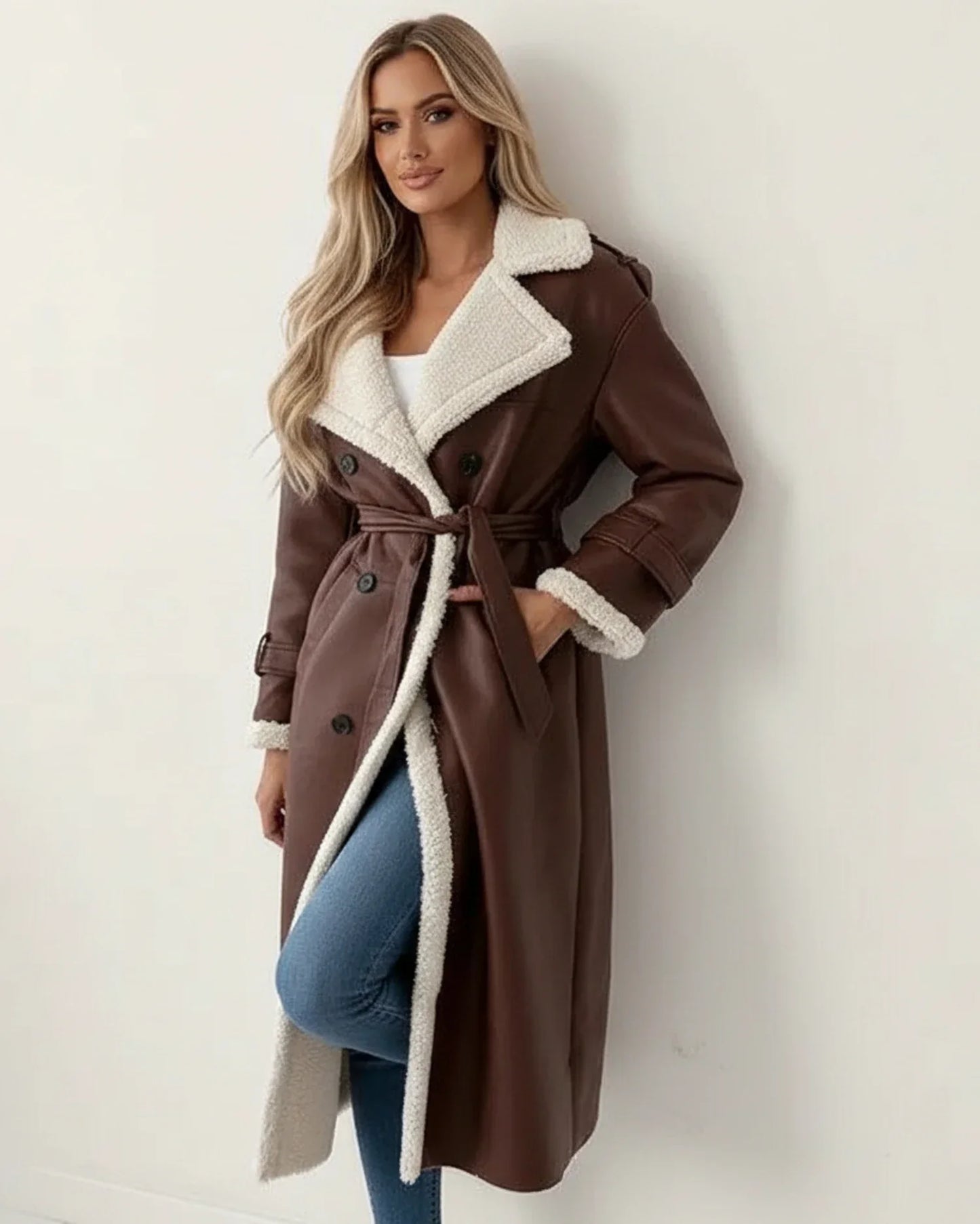 Street Wave Women Sherpa Long Winter Coat With Cozy Belted Silhouette