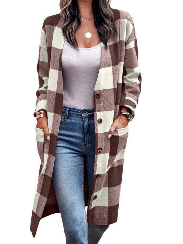 Street-Wave Checkered Long Coat Cardigan For Women Effortless Chic Comfort Modern Style