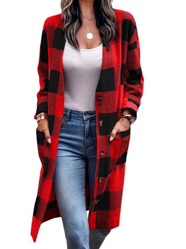 Street-Wave Checkered Long Coat Cardigan For Women Effortless Chic Comfort Modern Style