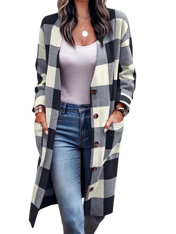 Street-Wave Checkered Long Coat Cardigan For Women Effortless Chic Comfort Modern Style