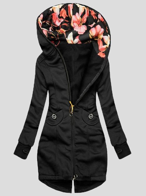 Street-wave Women's Hooded Coat With Floral Lining, Elegant Everyday Outerwear For Modern Style