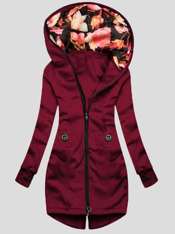 Street-wave Women's Hooded Coat With Floral Lining, Elegant Everyday Outerwear For Modern Style