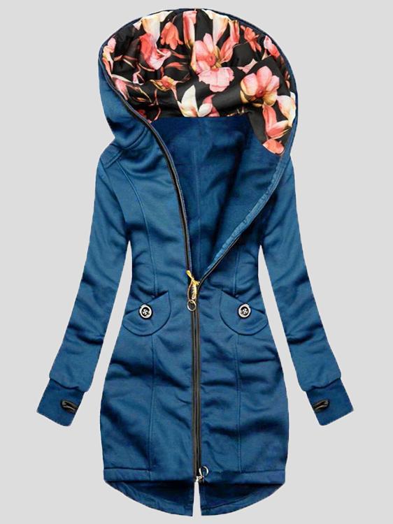 Street-wave Women's Hooded Coat With Floral Lining, Elegant Everyday Outerwear For Modern Style