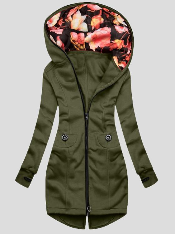 Street-wave Women's Hooded Coat With Floral Lining, Elegant Everyday Outerwear For Modern Style