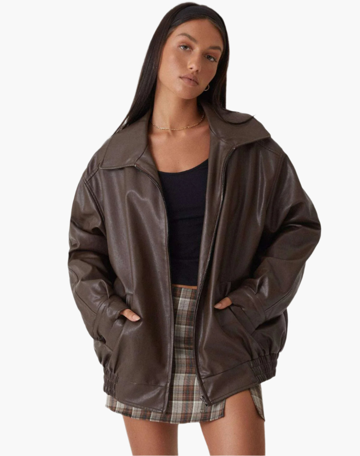 Street-wave Oversized Leather Jacket for Women with Long Sleeves Fall Essential Bold Silhouette