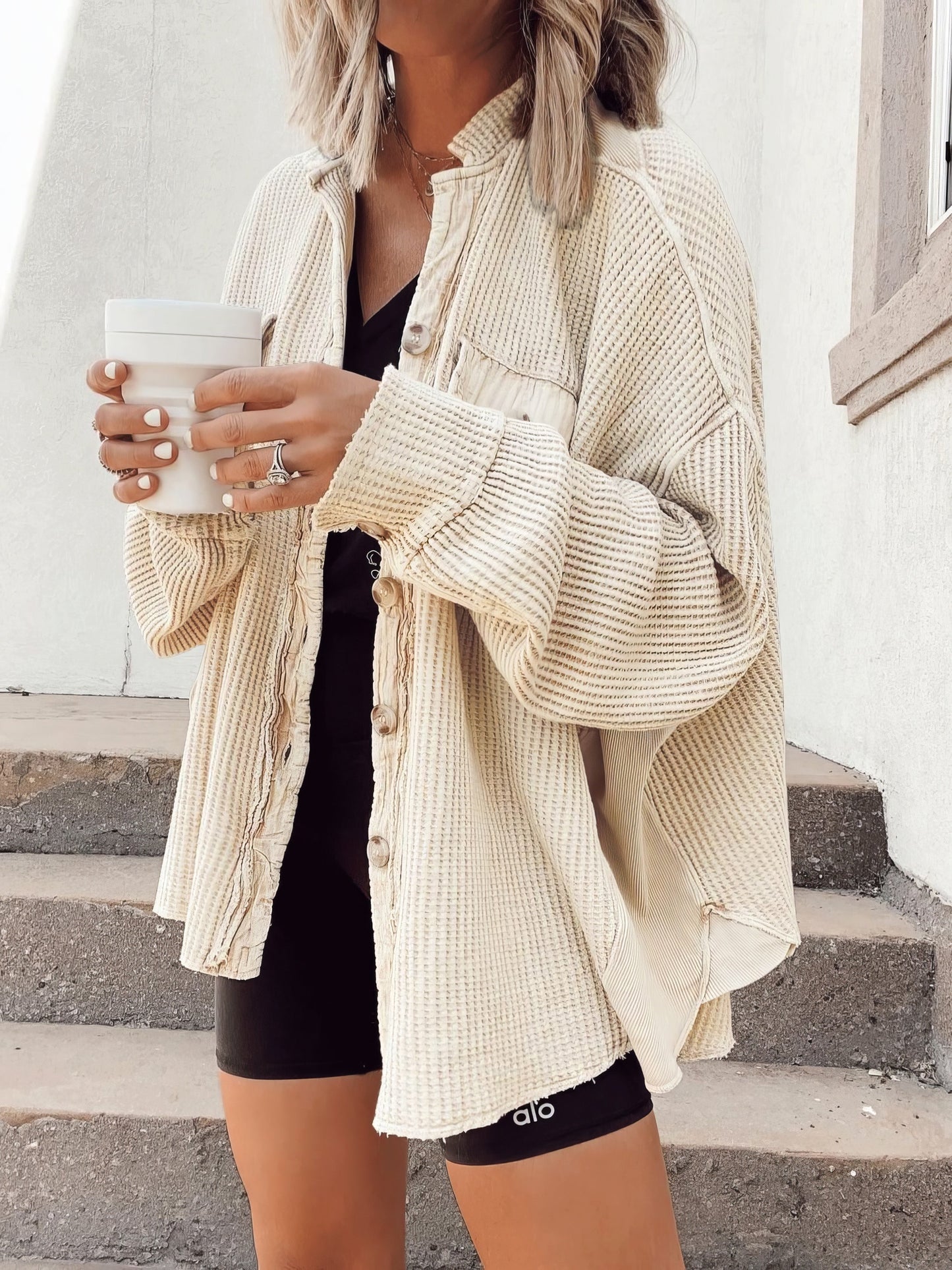 Street Wave Waffle Knit Shirt Jacket For Women Soft Cozy Warm Layer With Button Front