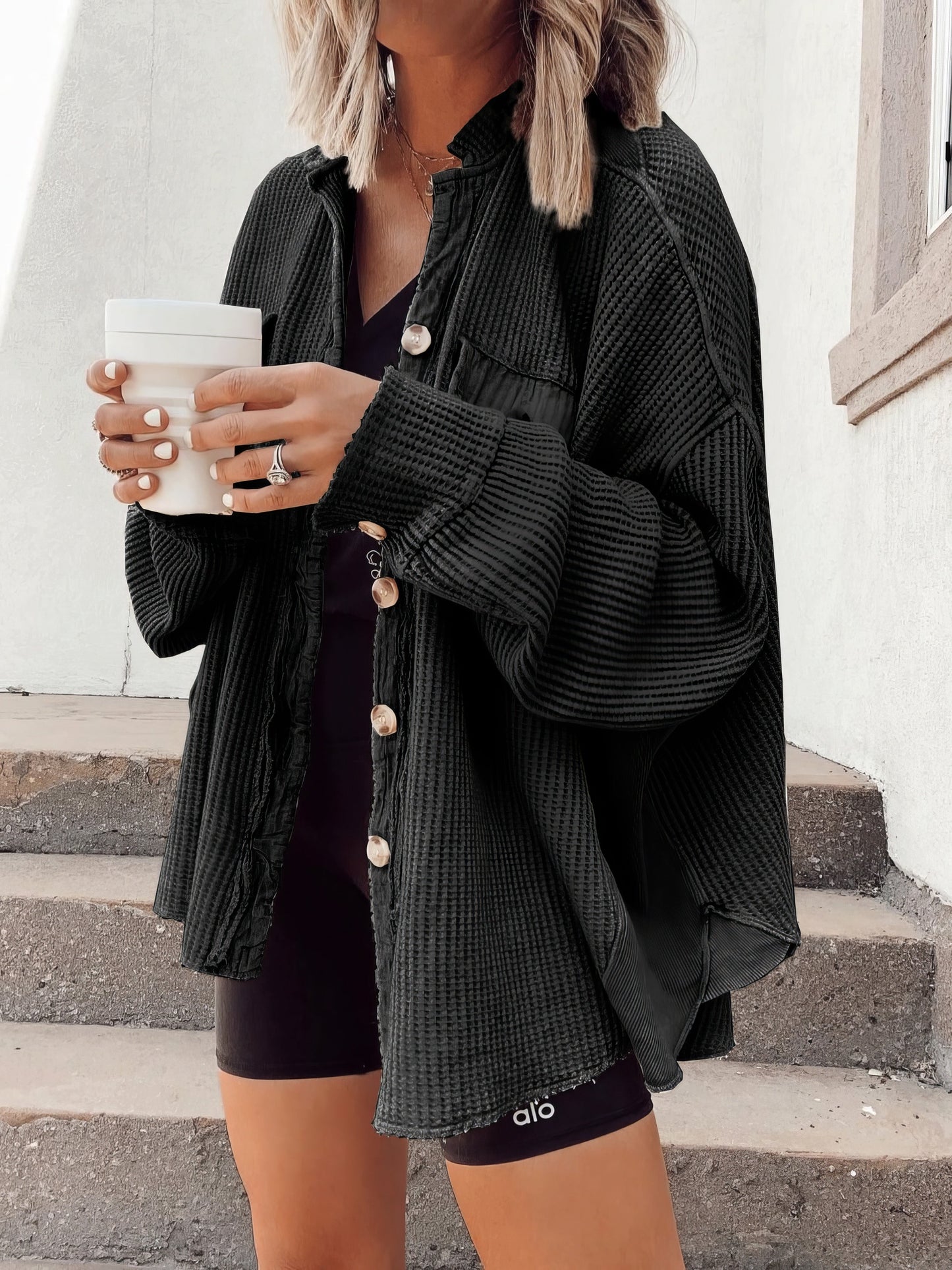 Street Wave Waffle Knit Shirt Jacket For Women Soft Cozy Warm Layer With Button Front