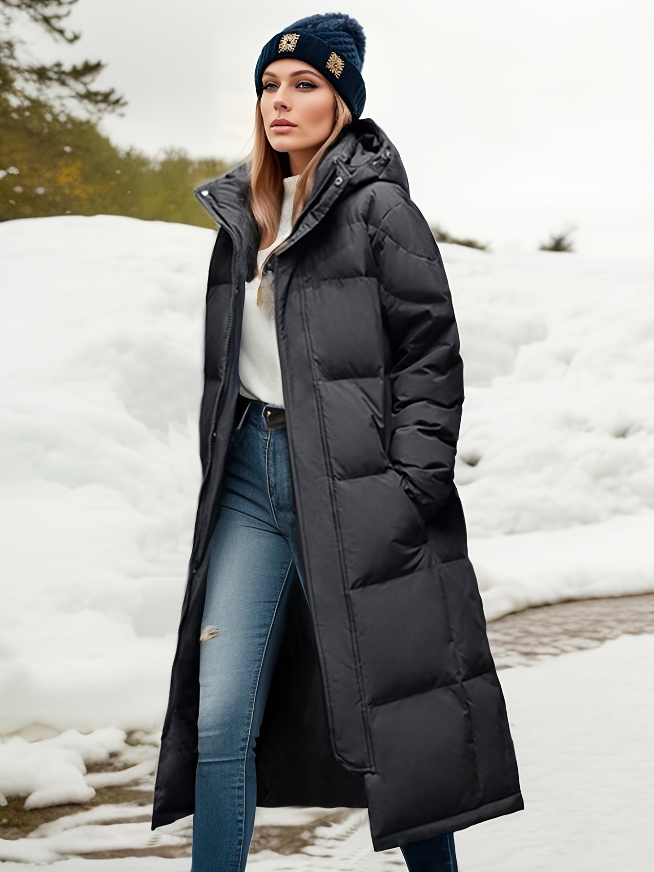 Street Wave Women Long Down Coat With Hood For Winter Warmth And Cozy Puffer With Thick Fill
