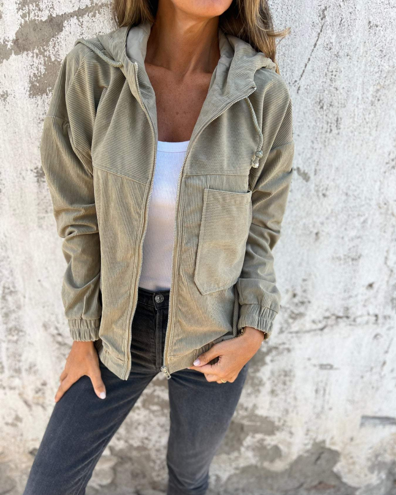 Street-Wave Retro Corduroy Hooded Jacket for Women with Zipper Cozy Fit and Vintage Charm