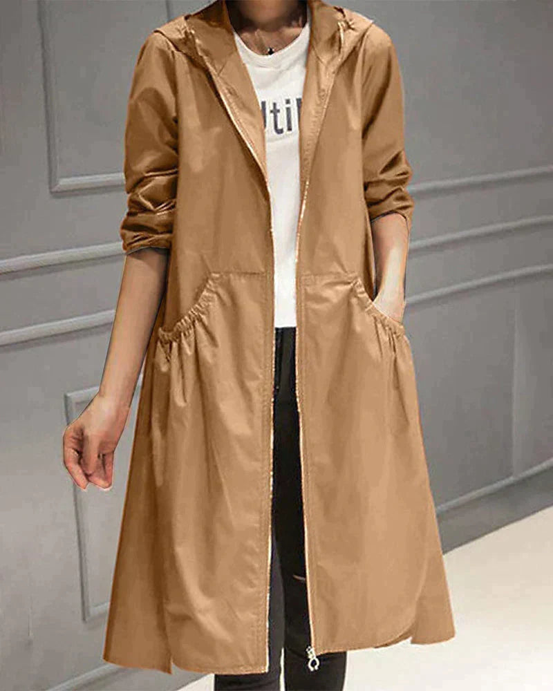 Street-wave Women's Waterproof Hooded Jacket Knee-Length Loose Fit All-Weather Coat