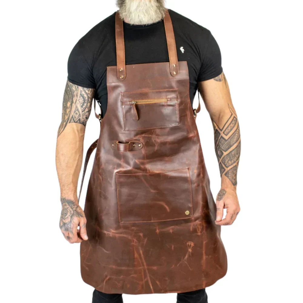 Mens Water And Fire Resistant Full Grain Leather Welding Apron By Street-Wave With Adjustable Straps