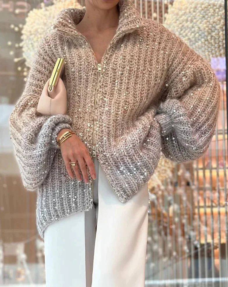 Street-wave Silk Glitter Cardigan For Women Warm Knit Silk Blend Elegant Winter Essential