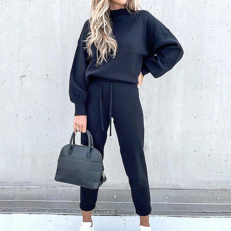 Street-Wave Loungewear Set For Women Cozy Minimalist Two Piece With Rollneck Sweater And High Waist Joggers