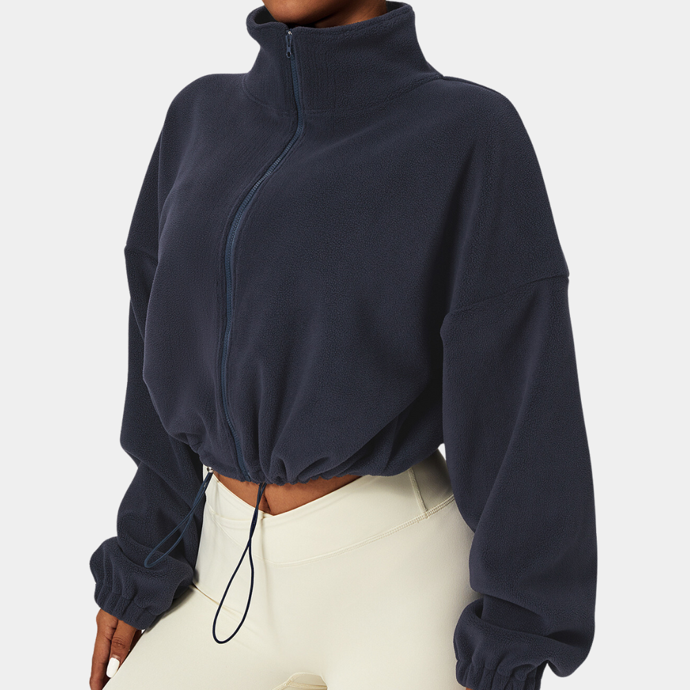 Street Wave Cropped Winter Jacket For Women Warm Cozy Fleece Zip Front Drawstring Hem