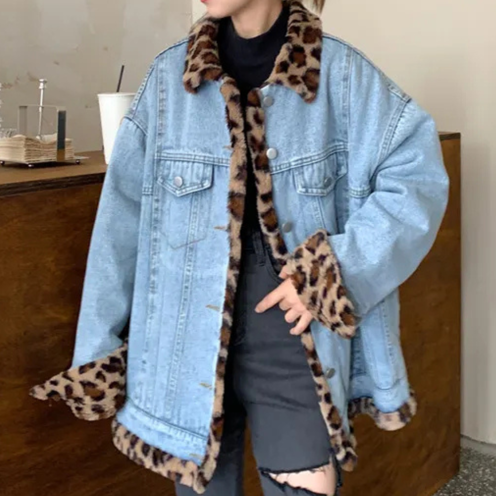 Reversible Denim Jacket With Leopard Faux Fur Trim For Women Street Wave Warm Everyday Outerwear