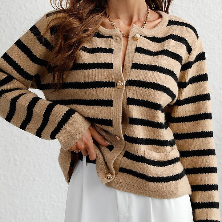 Street-wave Women Striped Cardigan With Gold Buttons Premium Cozy Knit For Autumn Fashion And Comfort