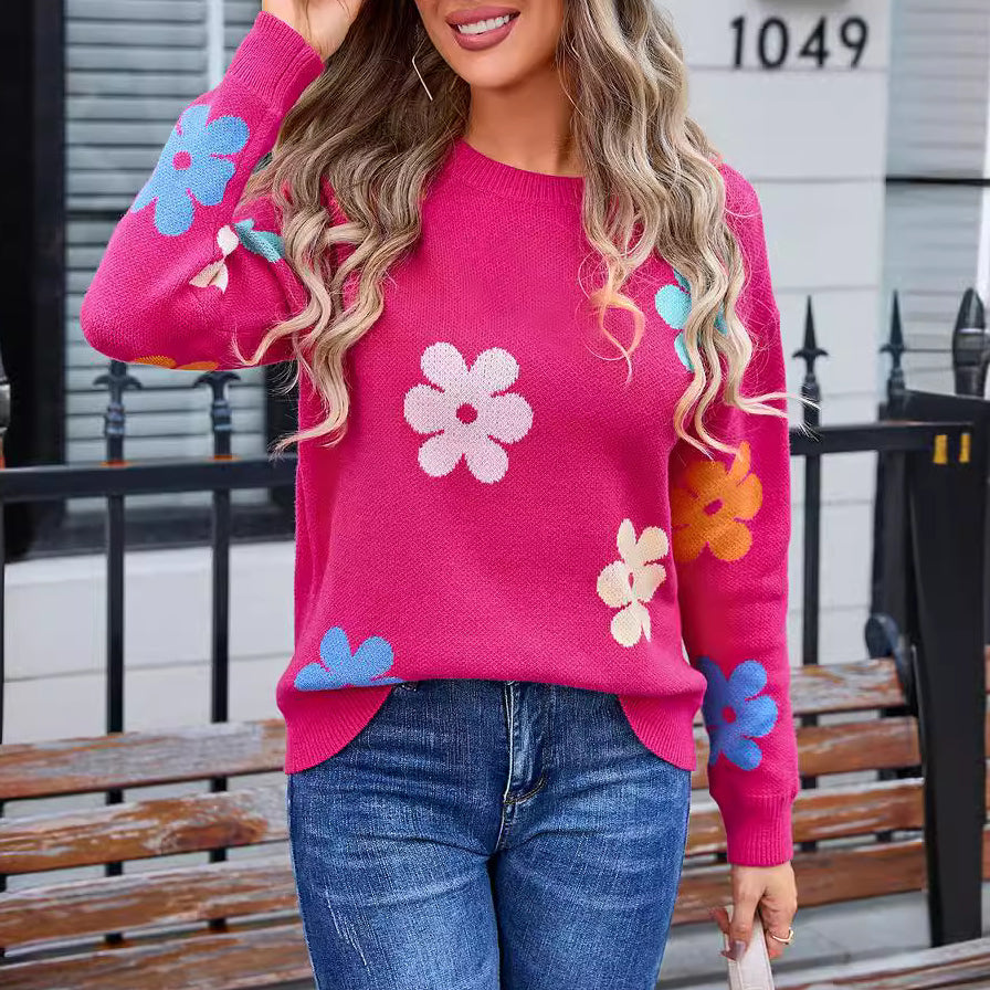 Streetwave Floral Crochet Sweater For Women Cozy Loose Fit Winter Knit Top With Colorful Flowers