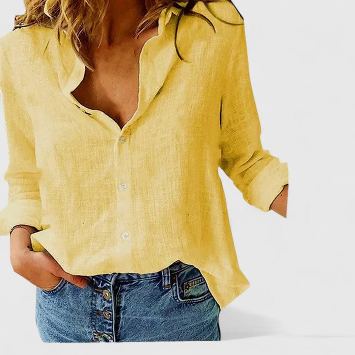 Women's Button Down Shirt with Lapel Collar and Linen Fabric