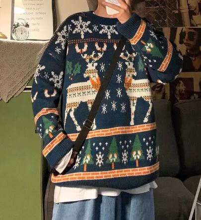 Street Wave Vintage Christmas Knit Pullover For Women Cozy Breathable Warmth Reindeer Pattern