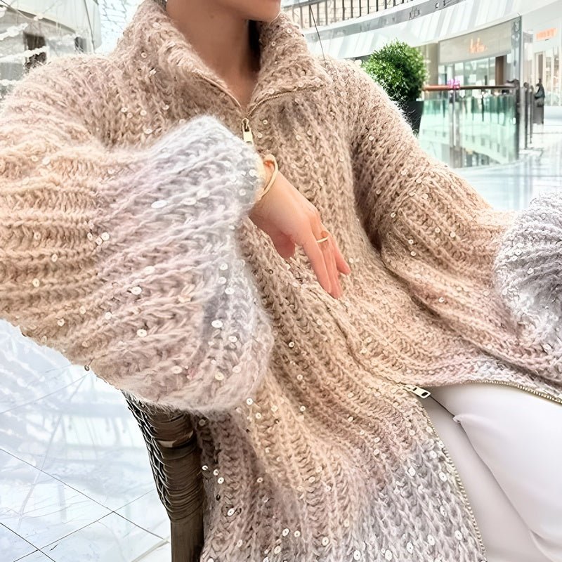 Street-wave Glitter Knit Sweater With Zipper For Women, Elegant Cozy Glow For Everyday Style