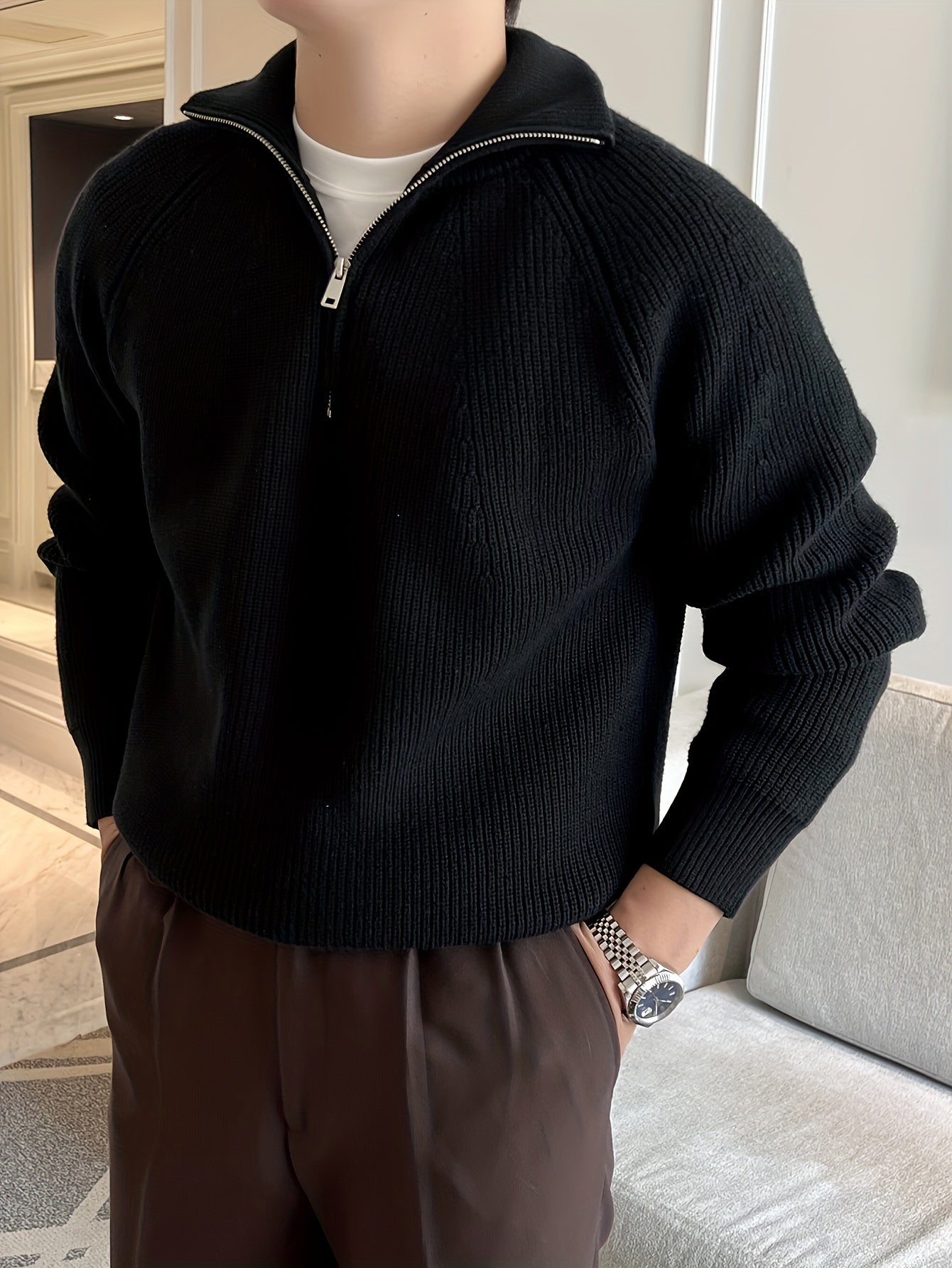 Men's Knit Sweater Half Zip With High Collar Long Sleeve Rib Knit For Casual And Formal Wear Street-Wave