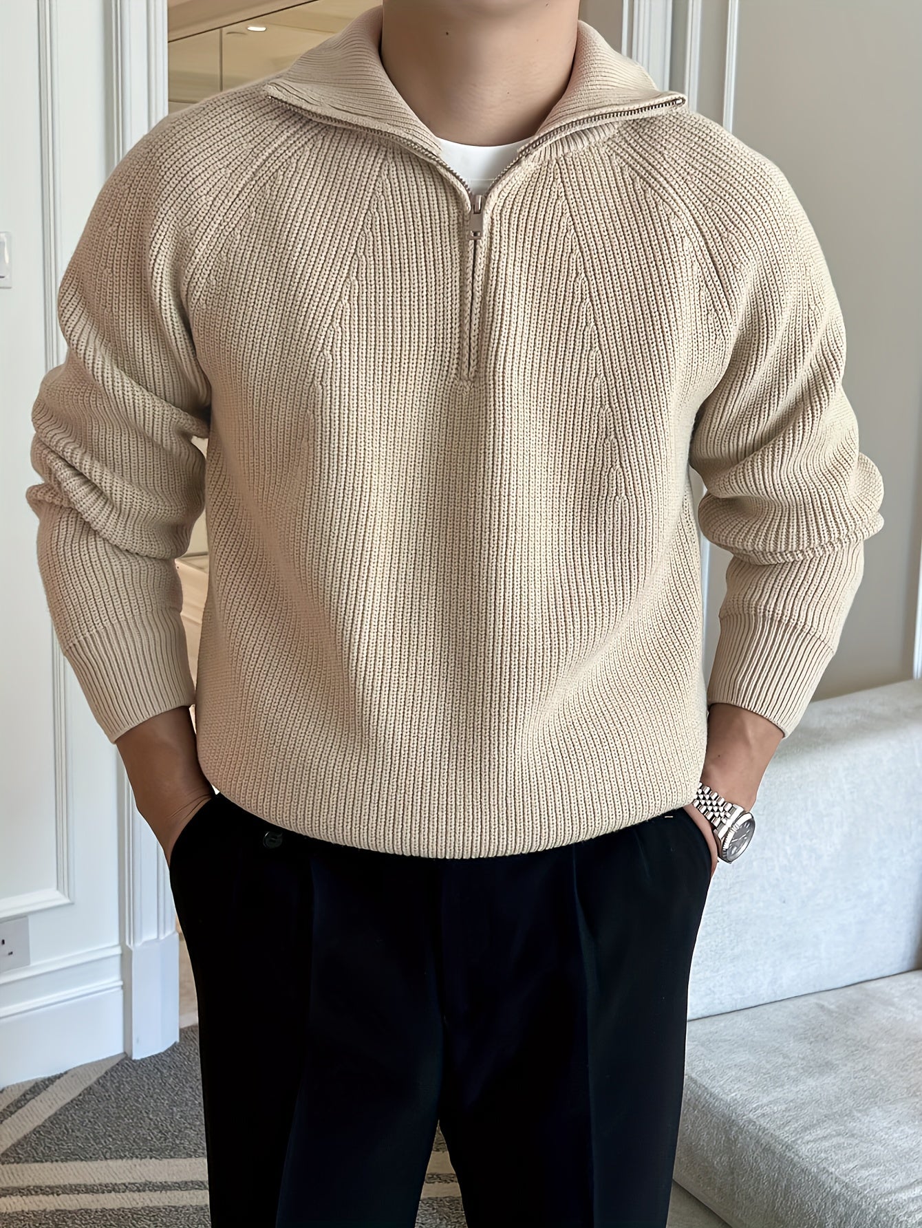 Men's Knit Sweater Half Zip With High Collar Long Sleeve Rib Knit For Casual And Formal Wear Street-Wave